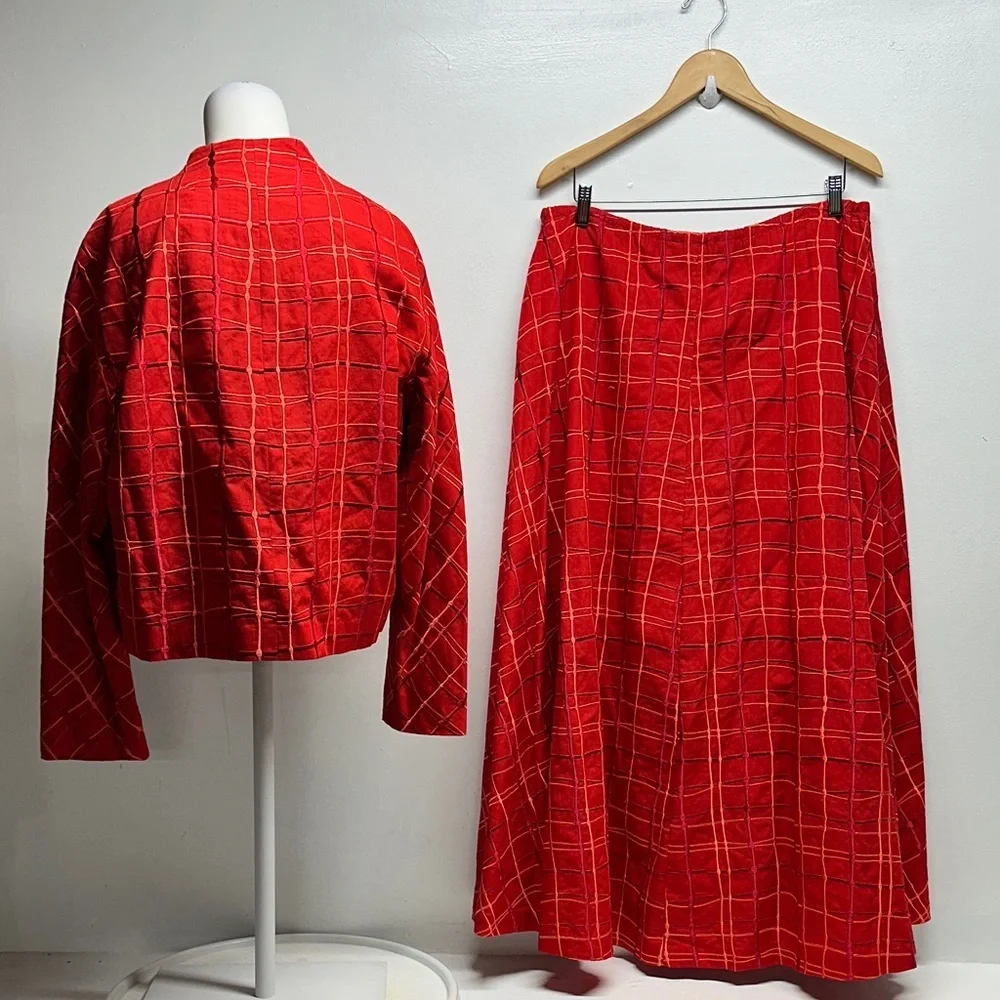 Bottega Veneta Suit Set Blazer Jacket Matching Maxi Skirt Cotton Red Plaid US 12